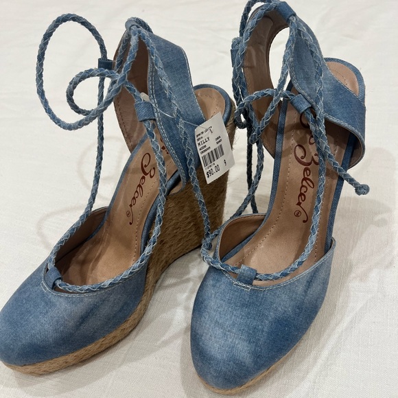 NWT Sergio Zelcer Denim Tie Wedges - Picture 1 of 3